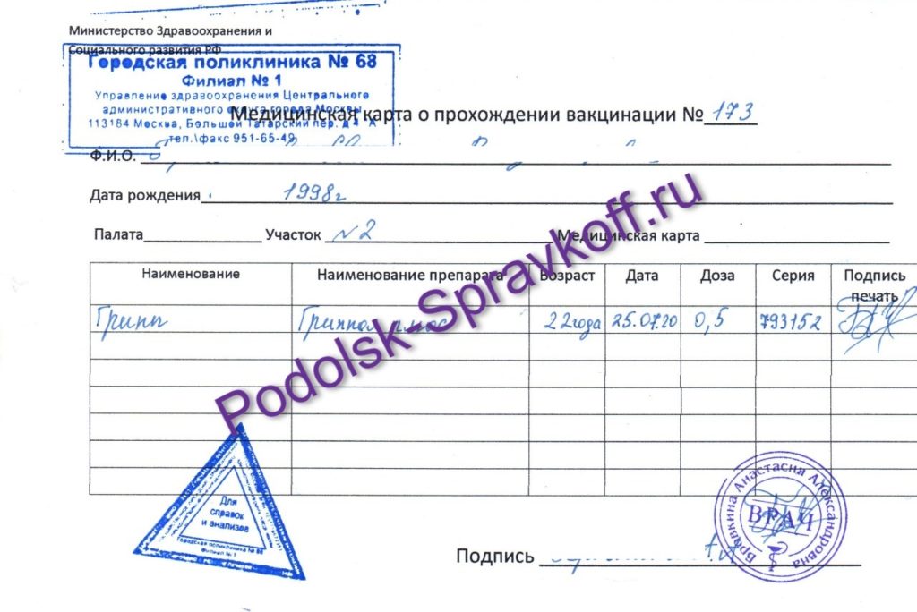 Справка о прививке от гриппа купить